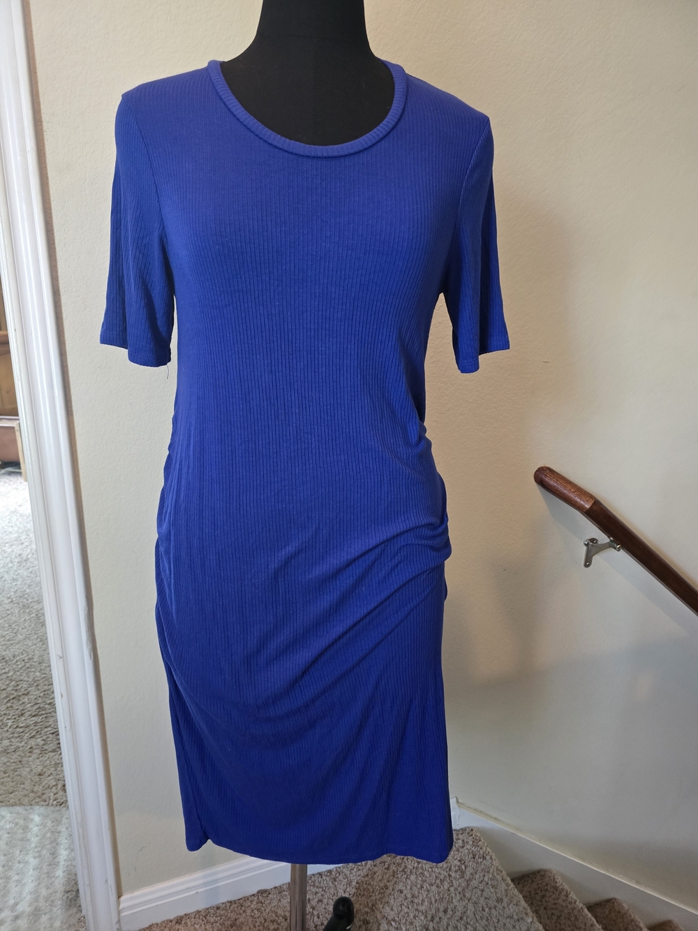 Royal Blue Ribbed Short Sleeve Maternity Midi Dress